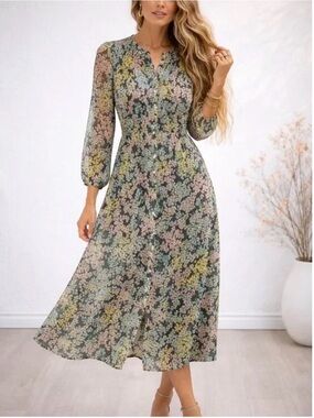 LOFT Pastel Multi Floral Long-Sleeve Midi Dress SZ 4